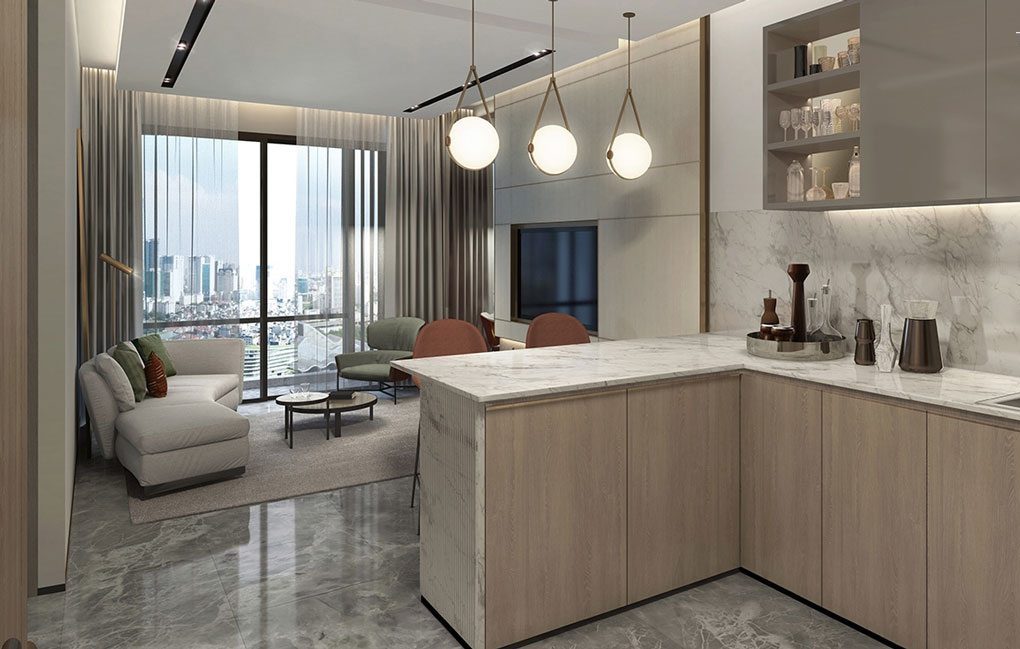 nhà bếp the global city, thiết kế bếp căn hộ cao cấp, nội thất bếp global city, bếp có bàn đảo chung cư.